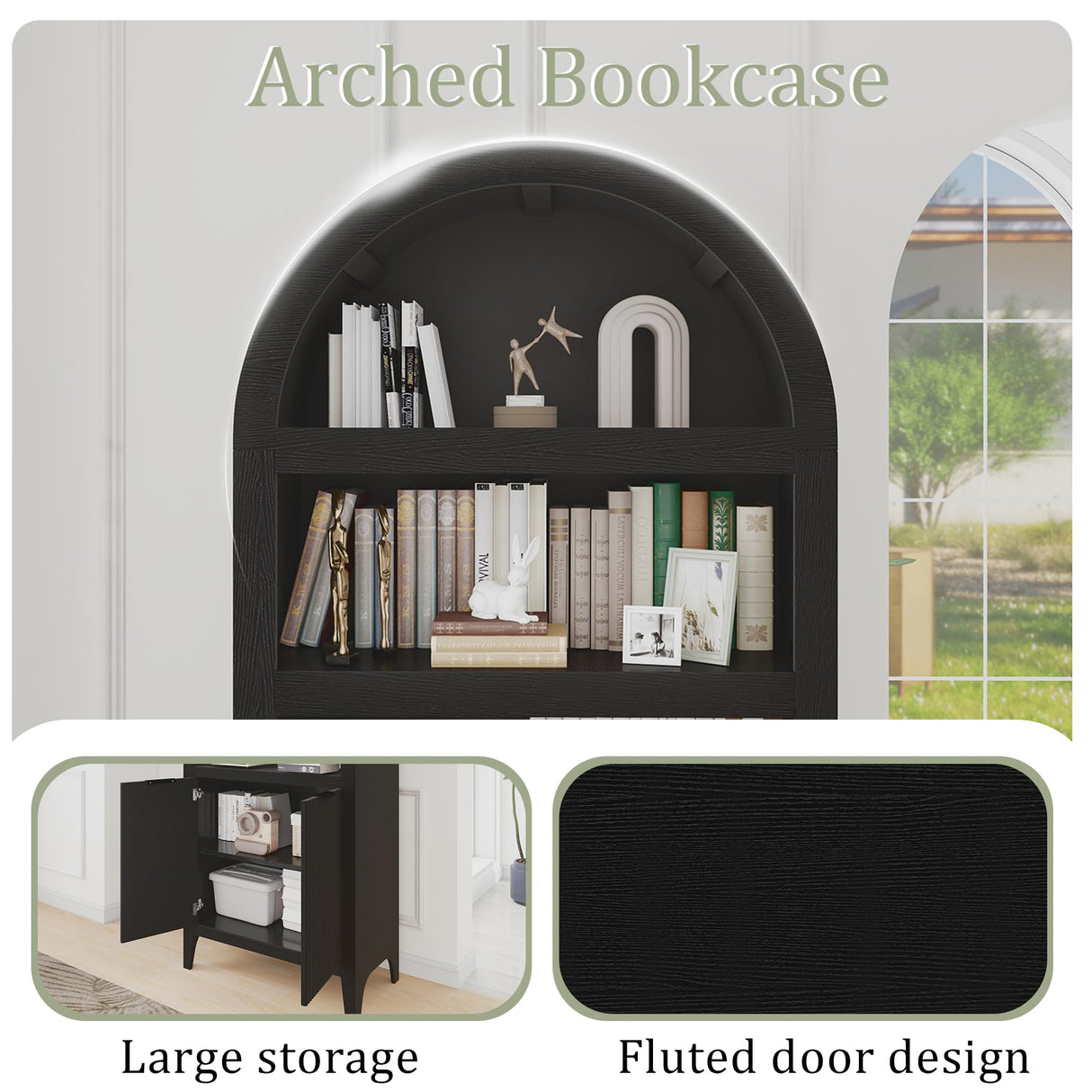 Arched Cabinet Bookshelf Black Arch Bookcase with Doors, Wooden Curved Book Case 5-Tier Tall Round Top Bookshelves for Living Room blini