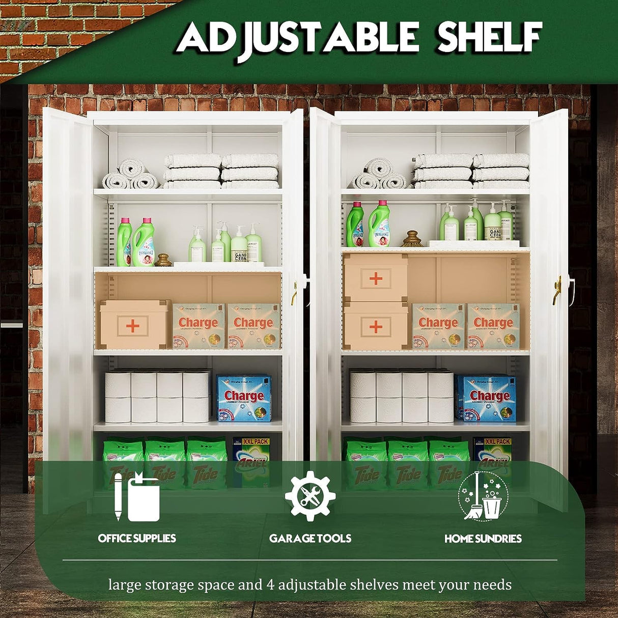 Greenvelly Metal Garage Storage Cabinet, 72” Lockable Storage Cabinet with 2 Doors and Adjustable Shelves, Steel Tool Cabinets, White Metal File Cabinet for Home Office, Garage (36" W x 18" D) Greenvelly