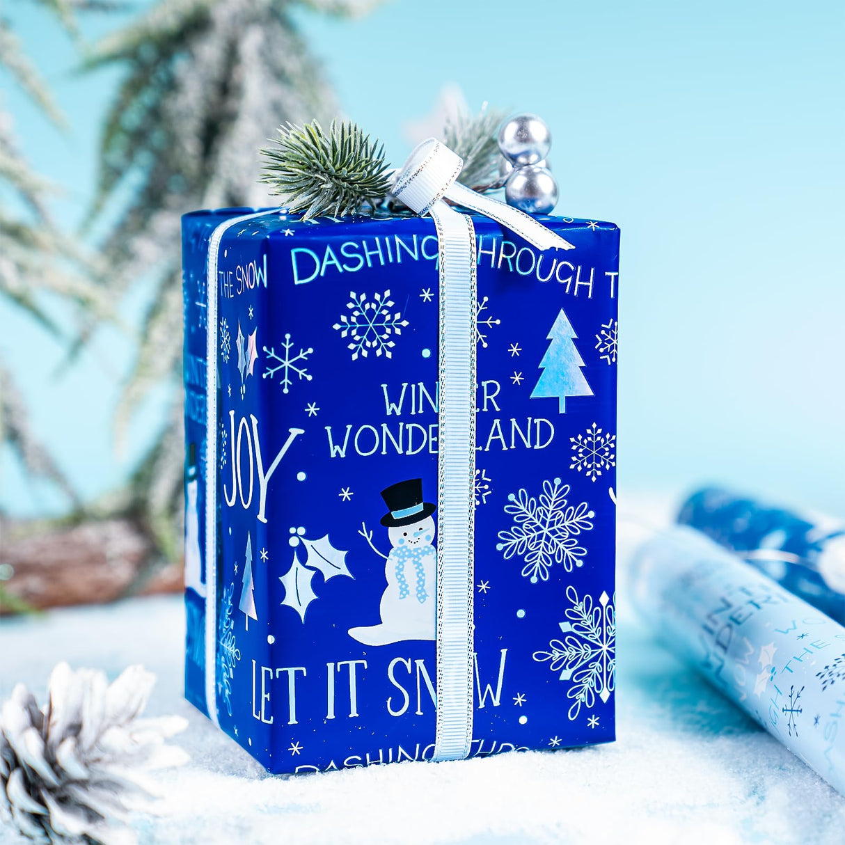 WRAPAHOLIC Christmas Wrapping Paper Roll - Mini Roll - 3 Rolls - 17 Inch x 120 Inch Per Roll - Blue and White Winter Wondland, Snowflake, Snowman Holiday Collection with Metallic Foil Shine WRAPAHOLIC