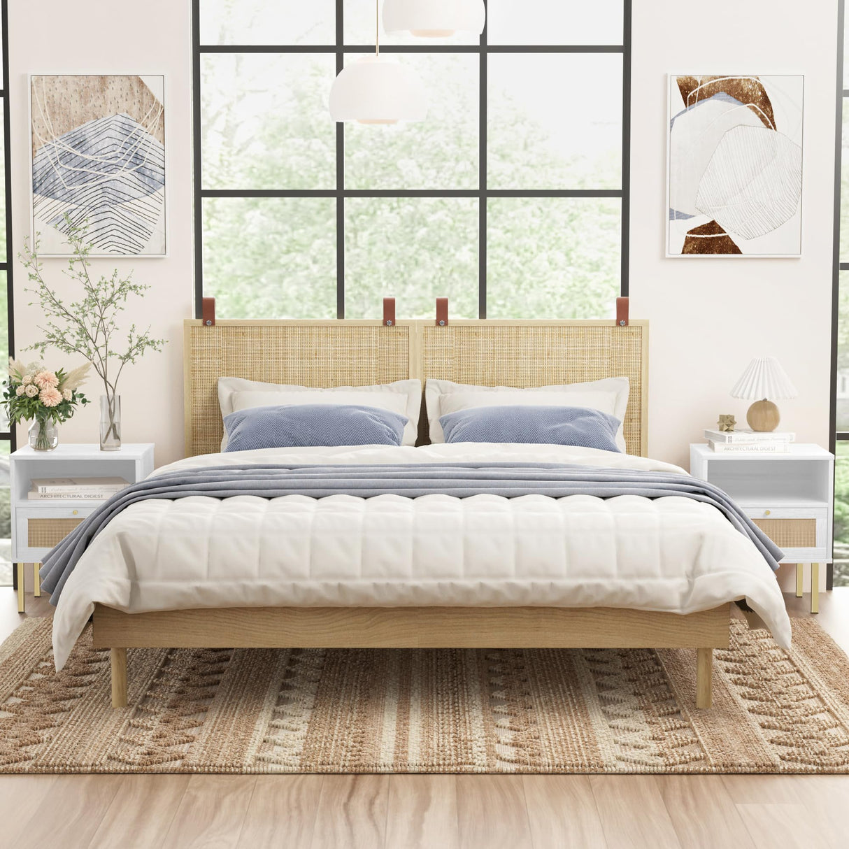 Natural Rattan Nightstands Set of 2, Accent End Table, Boho Bedside Table with 1 Hand Made Decorated Door for Living Room, Bedroom, White Angel Sar