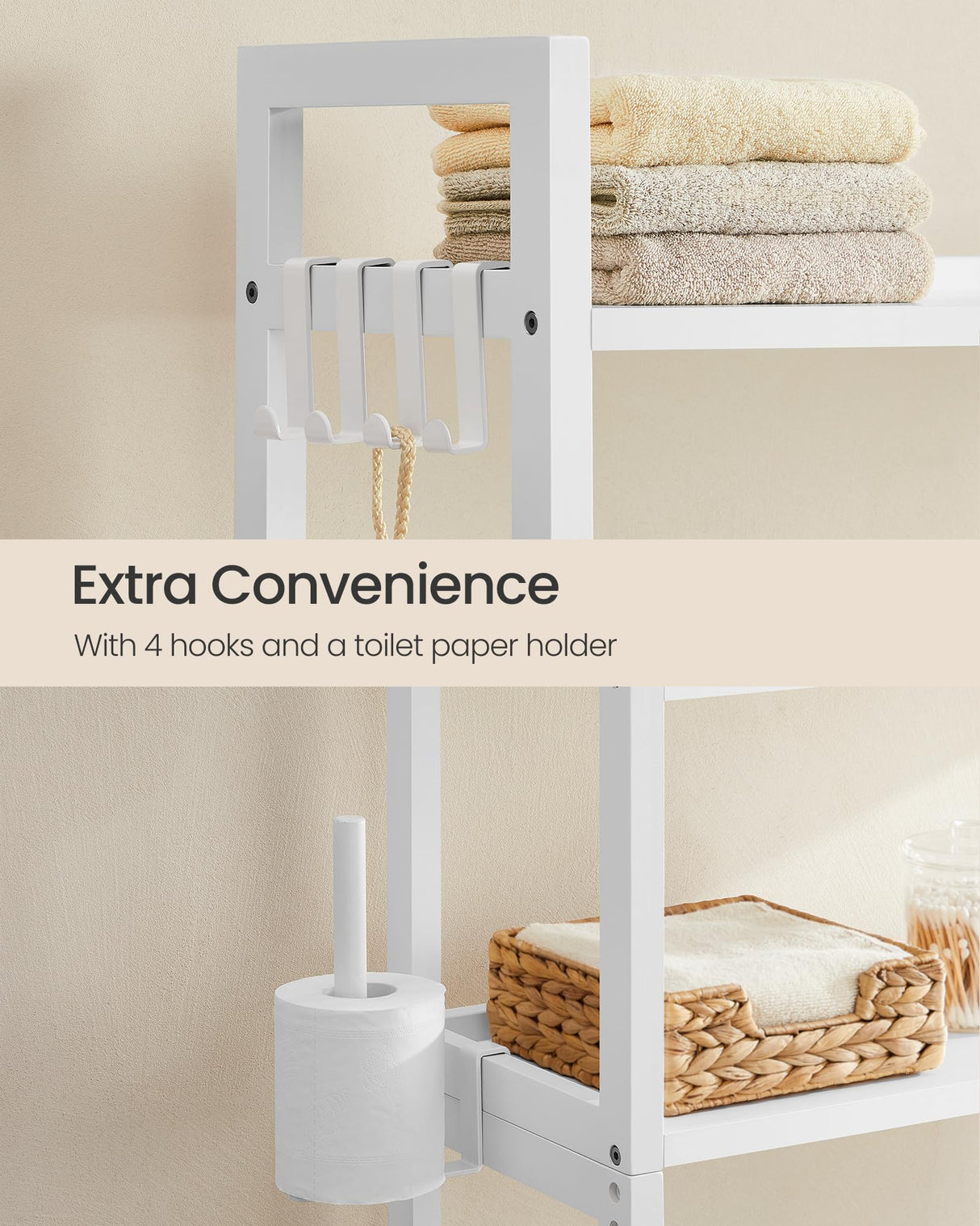 SONGMICS Over The Toilet Storage Shelf with Toilet Paper Holder, Bamboo Bathroom Organizer with Adjustable Shelves, 10.2 x 32.7 x 72.8 Inches, 4 Hooks, Storage Rack, Cloud White UBTS017W01 SONGMICS