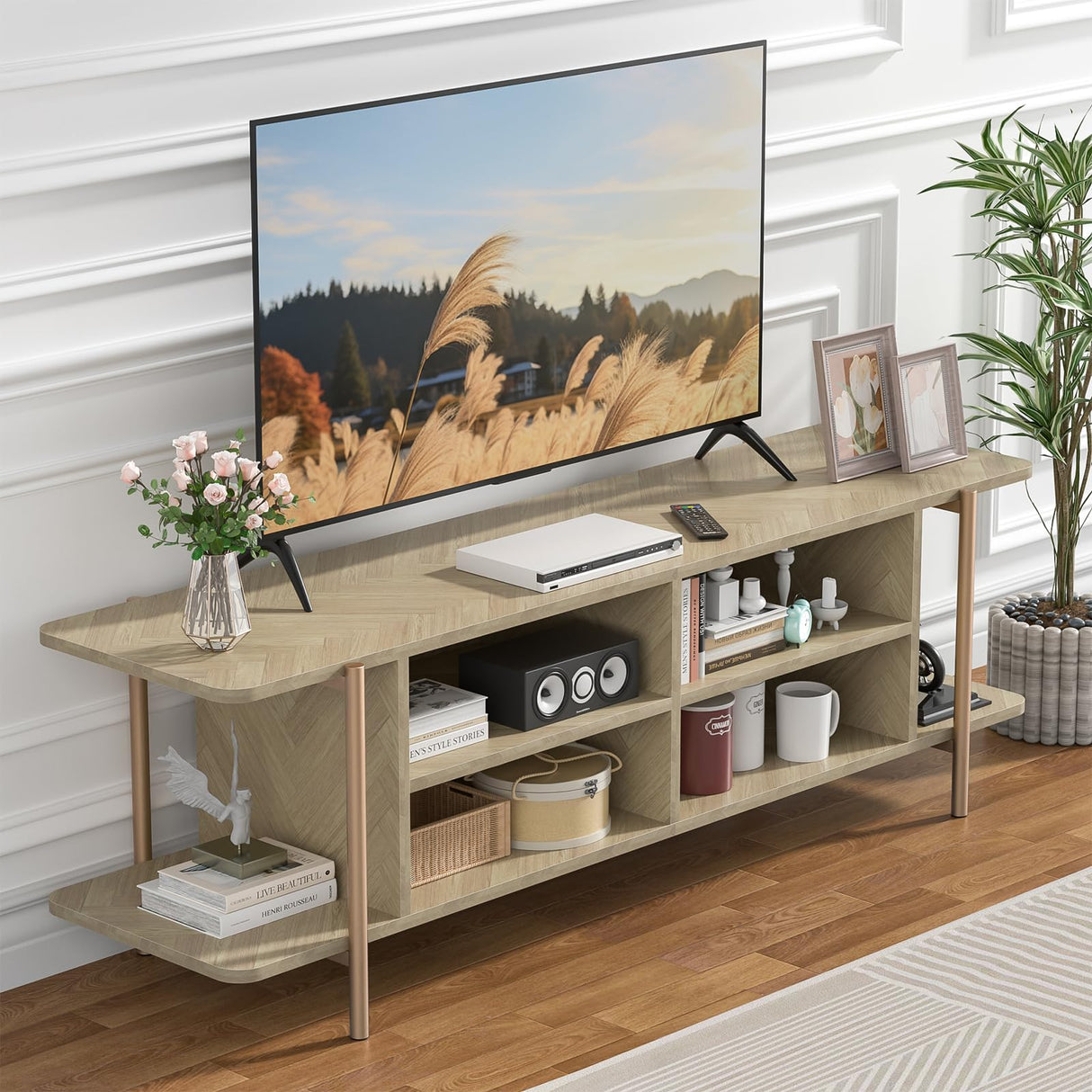 Giluta TV Stand for TV up to 75 Inch, Wood TV Cabinet with Open Storage, Entertainment Center TV Console Table, Coffee Table for Living Room (Light Oak) Giluta