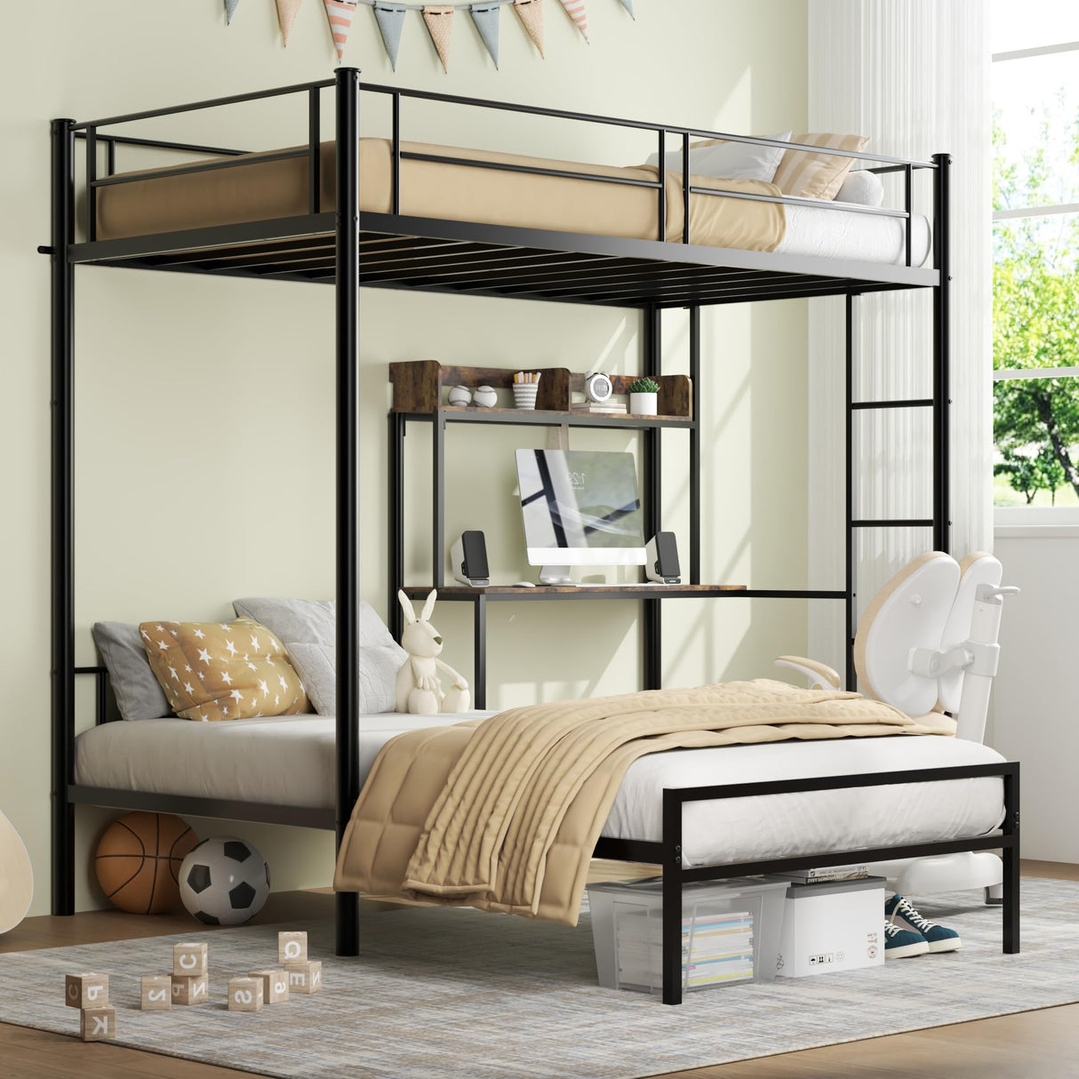 Bellemave Twin Over Twin bunk Bed with Desk, loft Bed with Desk and Shelves, Twin Over Twin Metal Bunk Beds with Charging Station, Black Bellemave