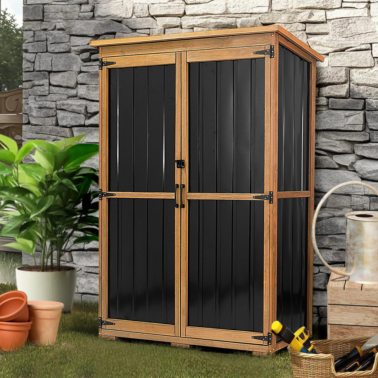 Outdoor Storage Shed, Waterproof Garden Sheds & Outdoor Storage Cabinet with Lockable Door Sloping Roof, Wood Metal Tool Shed for Backyard Patio Lawn 68”x46” PetsCosset