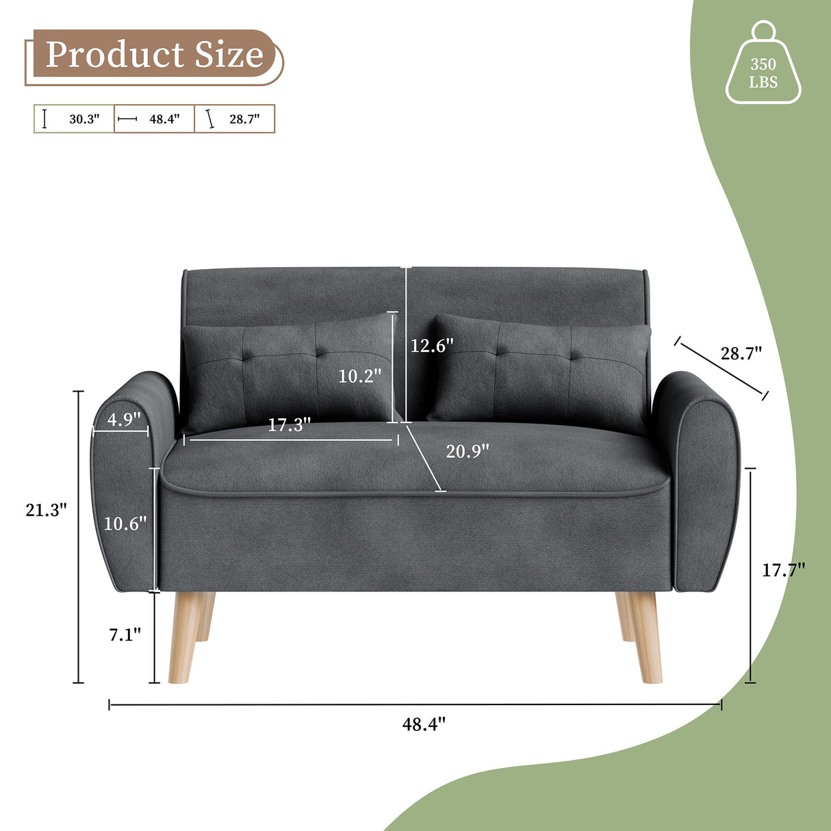 Vongrasig 47" Small Modern Loveseat Sofa, Mid Century Linen Fabric 2-Seat Couch Tufted Love Seat with Back Cushions and Tapered Wood Legs for Living Room, Bedroom and Small Space (Dark Gray) Vongrasig