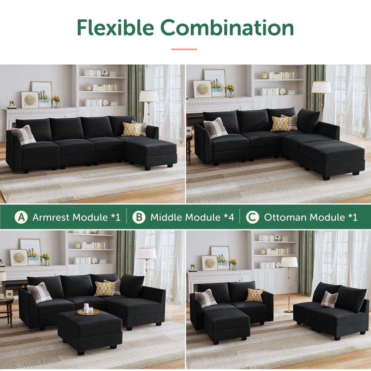 HONBAY Modular Sectional Sofa Velvet L Shaped Couch with Storage Ottoman Convertible Sectional Couch 4-Seat Sofa with Reversible Chaise, Black HONBAY