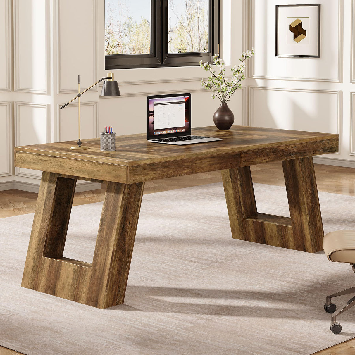 Tribesigns 63 Inches Wood Executive Desk, Large Home Office Computer Desk with Double Pedestal, Industrial Study Writing Table, Business Workstation for PC Laptop, Rustic Brown Tribesigns