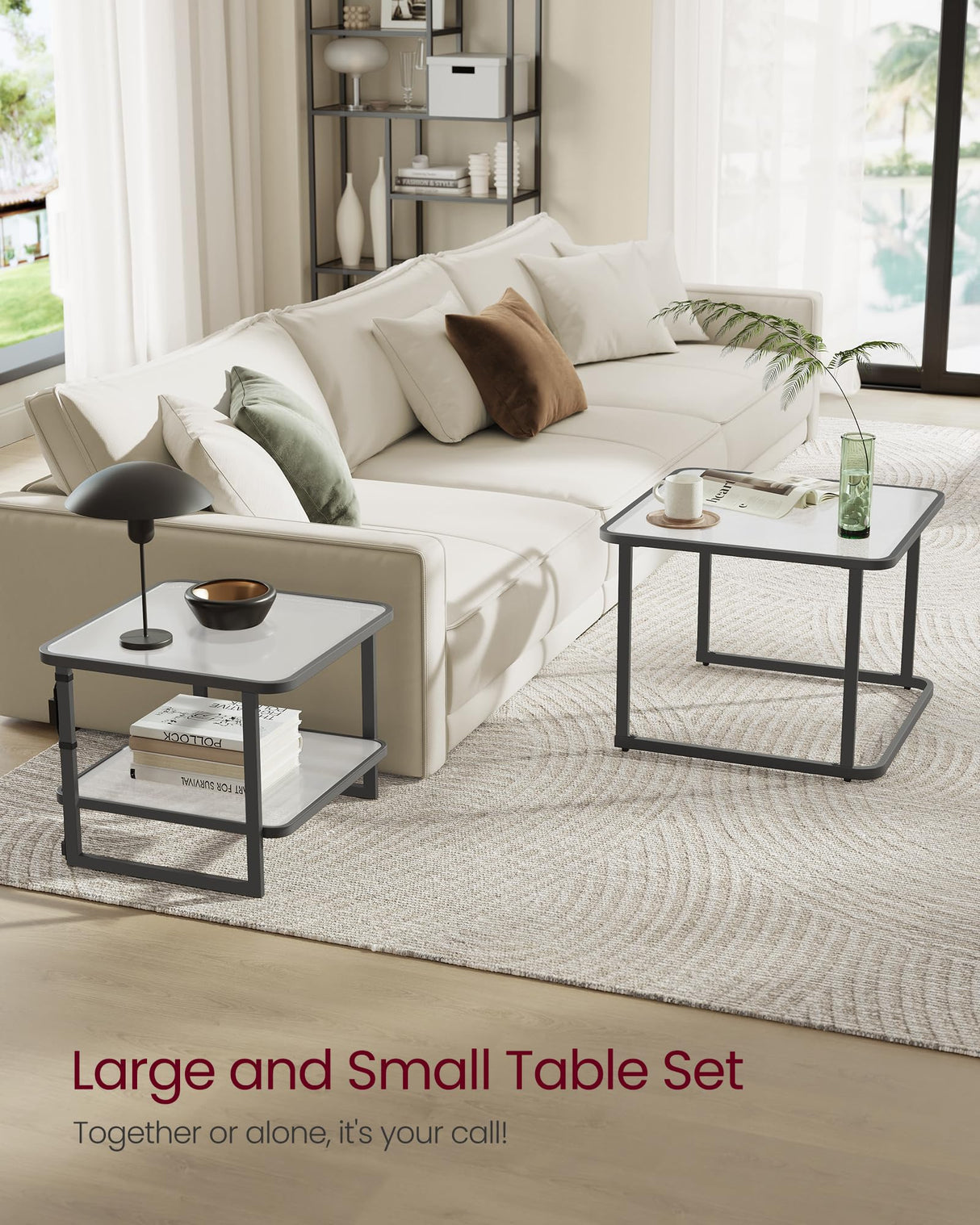 VASAGLE Nesting Tables, Frosted Glass Coffee Table with LED Lights, Modern Square Side Tables with Bottom Shelf, for Living Room, Bedroom, Office, Cloud White and Ink Black (Set of 2) VASAGLE