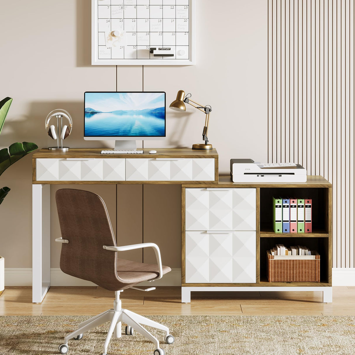 Tribesigns Computer Desk with File Drawer Cabinet, Reversible 4 Drawers Office Desk with Open Storage Shelves & Printer Space, Wood Study Writing Desk Workstation for Home Office, White Brown Tribesigns