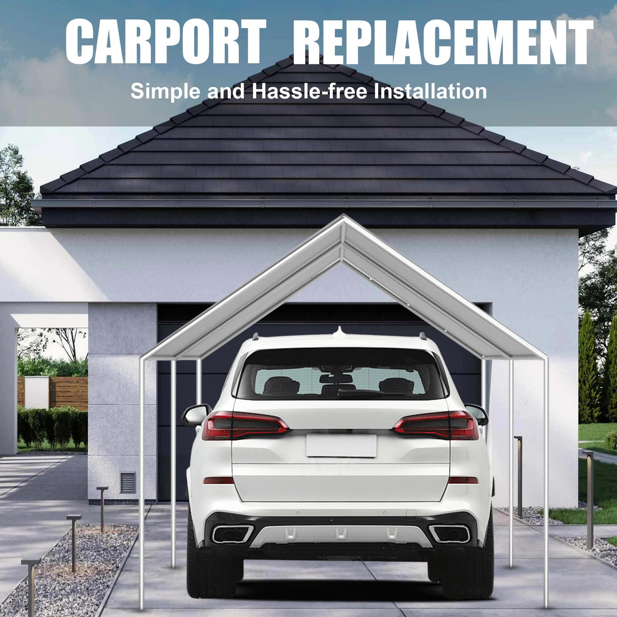 10 x 20 Ft Carport Replacement Canopy Cover, Heavy Duty Top Cover for Car Garage, Tear-Proof, Anti-UV & Waterproof Party Tent Shelter Tarp with 42 Ball Bungees (Only Cover, Frame Not Include) White QiaFantm