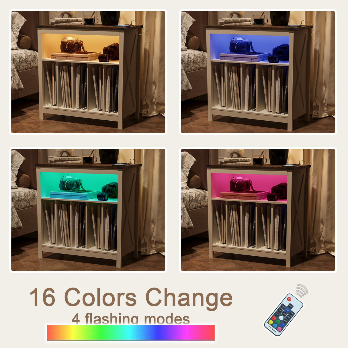 ChooChoo Large Record Player Stand with Charging Station & LED Light, Vinyl Record Holder hold up to 300 Albums, Farmhouse End Table for Bedroom, Living Room, Soft White ChooChoo