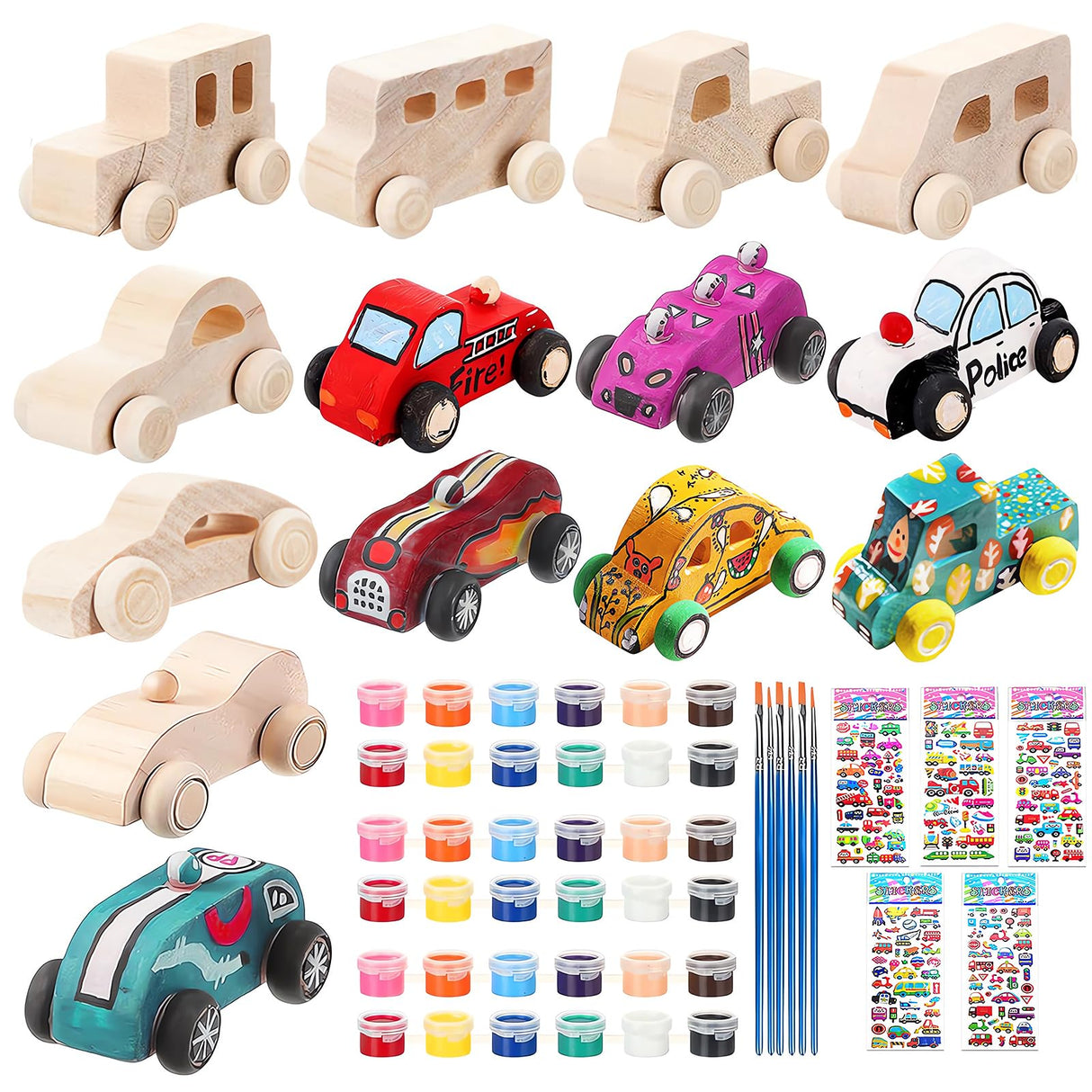 WOWOSS 14 Pcs Wooden Cars to Paint, Unfinished Craft Toys for Students, Race Car Party Favors, With 3 Sets of Paint & 5 Car Sticker Sheets WOWOSS