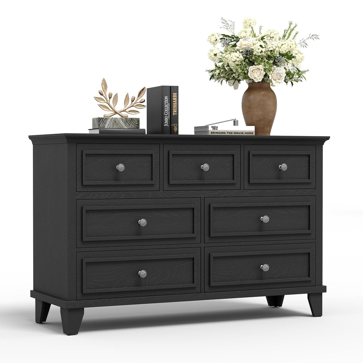 IDEALHOUSE 7 Drawer Dresser, Large Wooden Storage Chest of Drawers with Exquisite Metal Handles, 47" Wide Dresser TV Stand, Drawer Organizer for Bedroom, Living Room, Hallway, Entryway, Black IDEALHOUSE