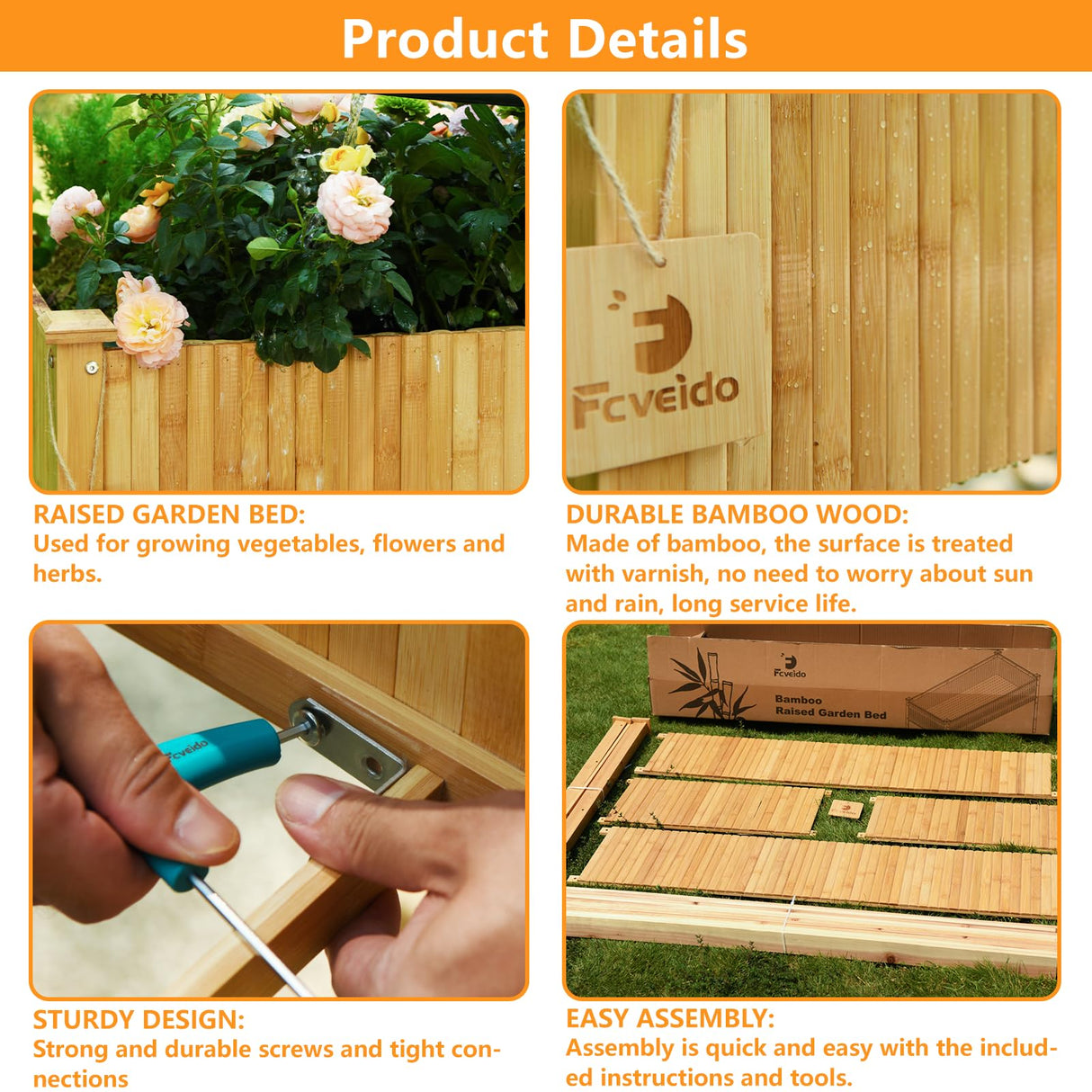 FCVEIDO Bamboo Raised Garden Beds Outdoor, Raised Garden Bed with Legs, Elevated Bamboo Planter Box, Standing Growing Bed for Growing Fresh Herbs, Vegetables, Succulents, Flowers (48x25x30 Inch) FCVEIDO