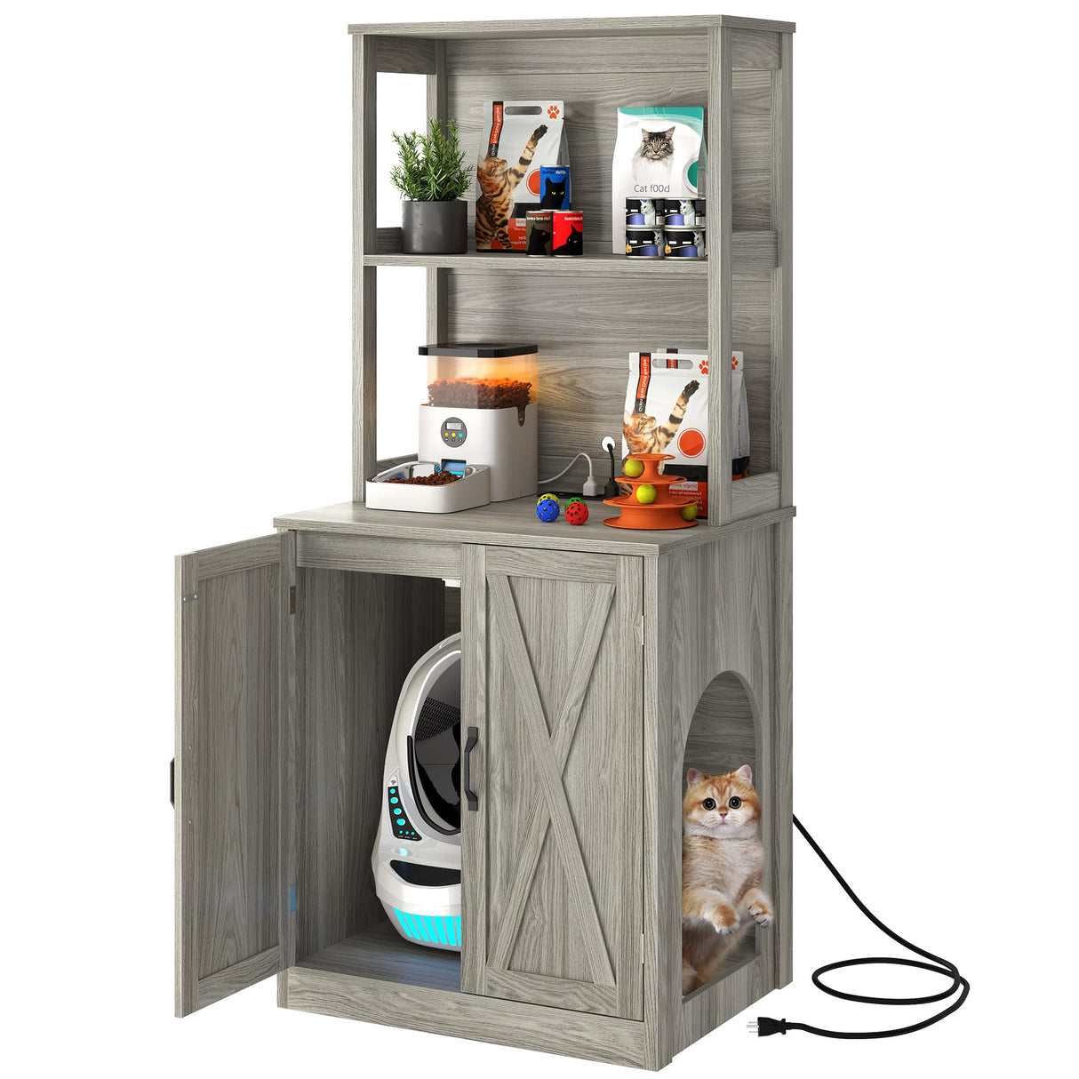 DWVO Large Hidden Litter Box Furniture with Shelves and Charging Station, Wooden Enclosure for Self-Cleaning Litter Boxes, Grey DWVO