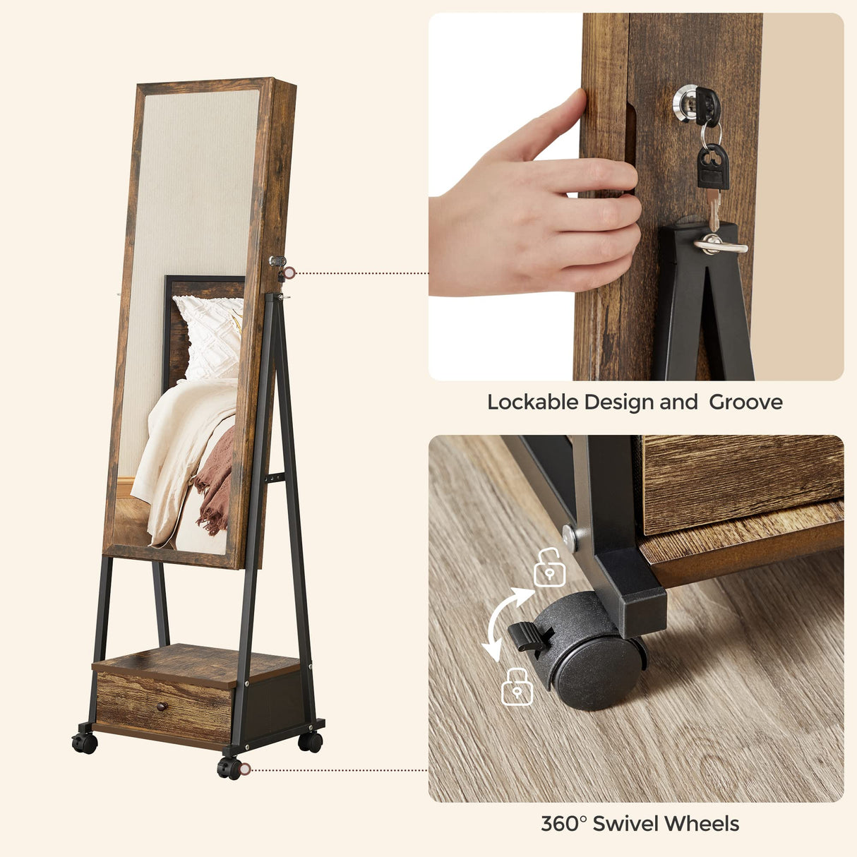SONGMICS Jewelry Cabinet Floor Standing, Lockable Jewelry Organizer with High Full-Length Mirror, Bottom Drawer, Shelf, Wheels, Jewelry Armoire, Gift Idea, Rustic Brown and Black UJJC004X01 SONGMICS