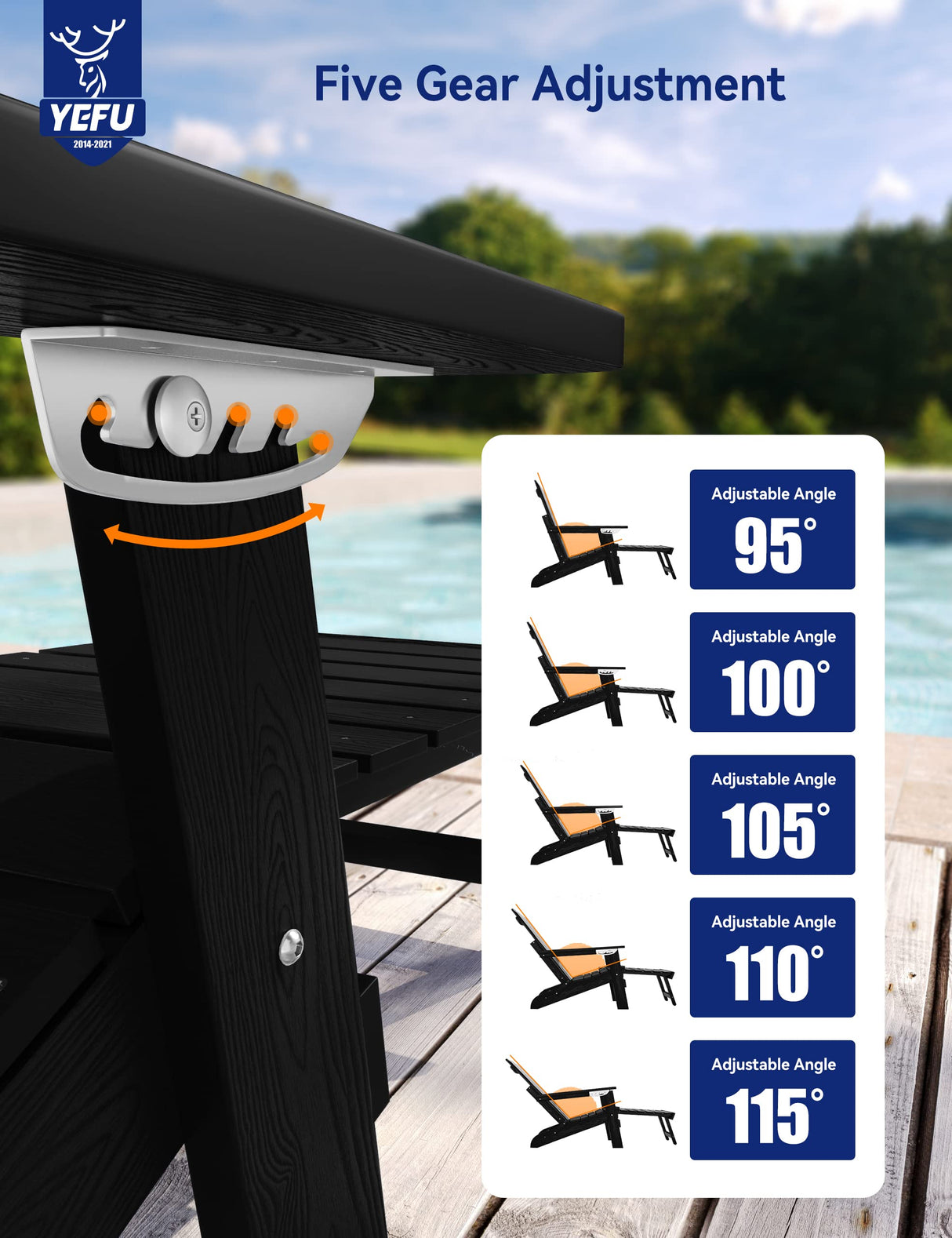 YEFU Adirondack Chair with Ottoman, Adjustable Backrest Adirondack Chairs, Folding Outdoor Fire Pit Chair with 2 Cup-Holders, Weather Resistant for Patio Lawn Outside Garden Pool, 380lbs (Black) YEFU