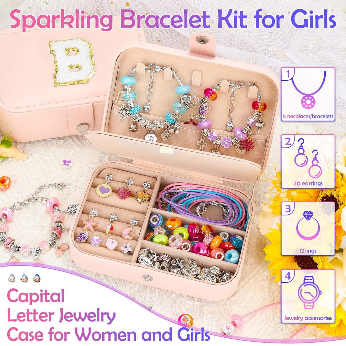 Girls Charm Bracelet Making Kit with Jewelry Box for Kids Charm Beads for Jewelry Making DIY Bracelet Craft Kit for Girls Age 8-12 Birthday Gifts Valentine Christmas Billbotk