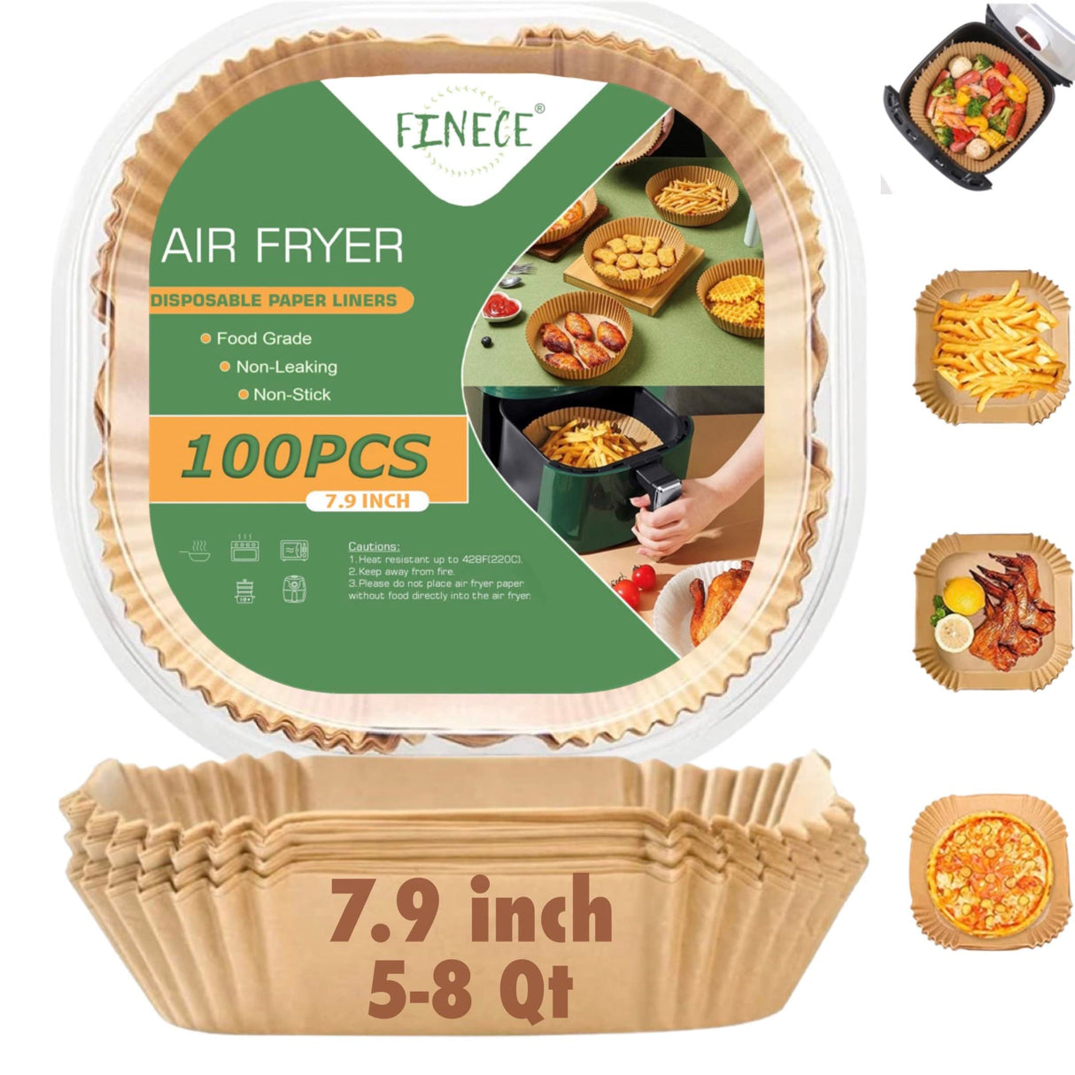 FINECE Air Fryer Liners Square, 100PCS for 5 to 8 Qt Air Fryer Disposable Paper Liner Large, 7.9 inch Unbleached Non-stick Oil-proof Parchment Paper FINECE