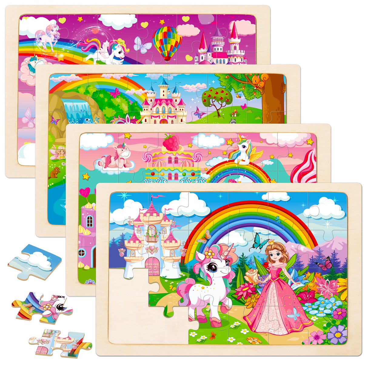 Puzzles for Kids Ages 4-6,Unicorn Princess Wooden Jigsaw Puzzles 4 Packs Puzzles for Kids Ages 3-5,24 Pcs Educational Preschool Toddler Puzzle,Unicorn Toys Gifts for 3 4 5 6 Years Old Girls Boys Sticeard