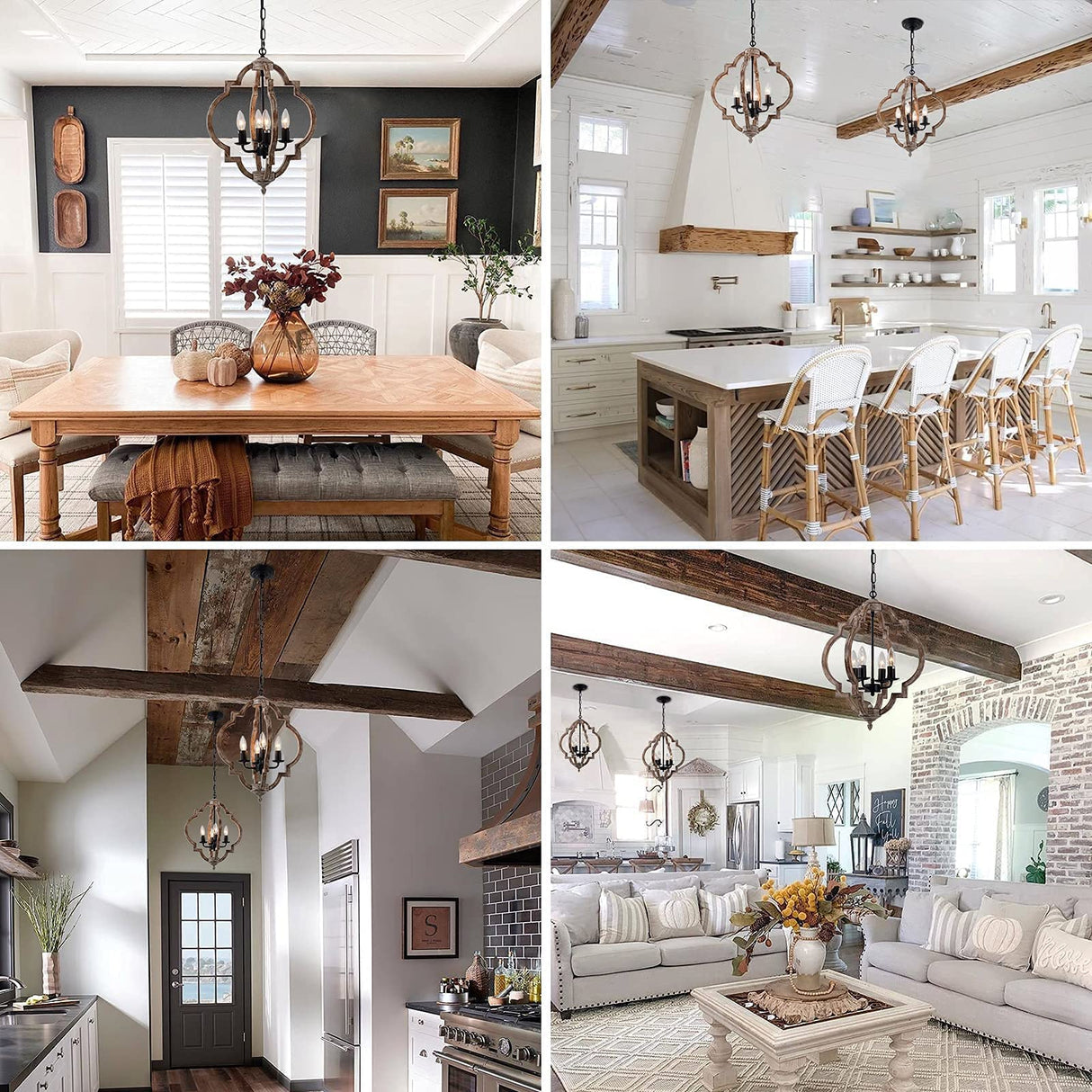 16.14" 4-Light Farmhouse Wood Chandelier, Rustic Orb Pendant Lighting Fixture with Adjustable Chain, Vintage Ceiling Hanging Lights for Foyer Entryway Dining Room Kitchen Island, Handmade Oak Finish Neechicx