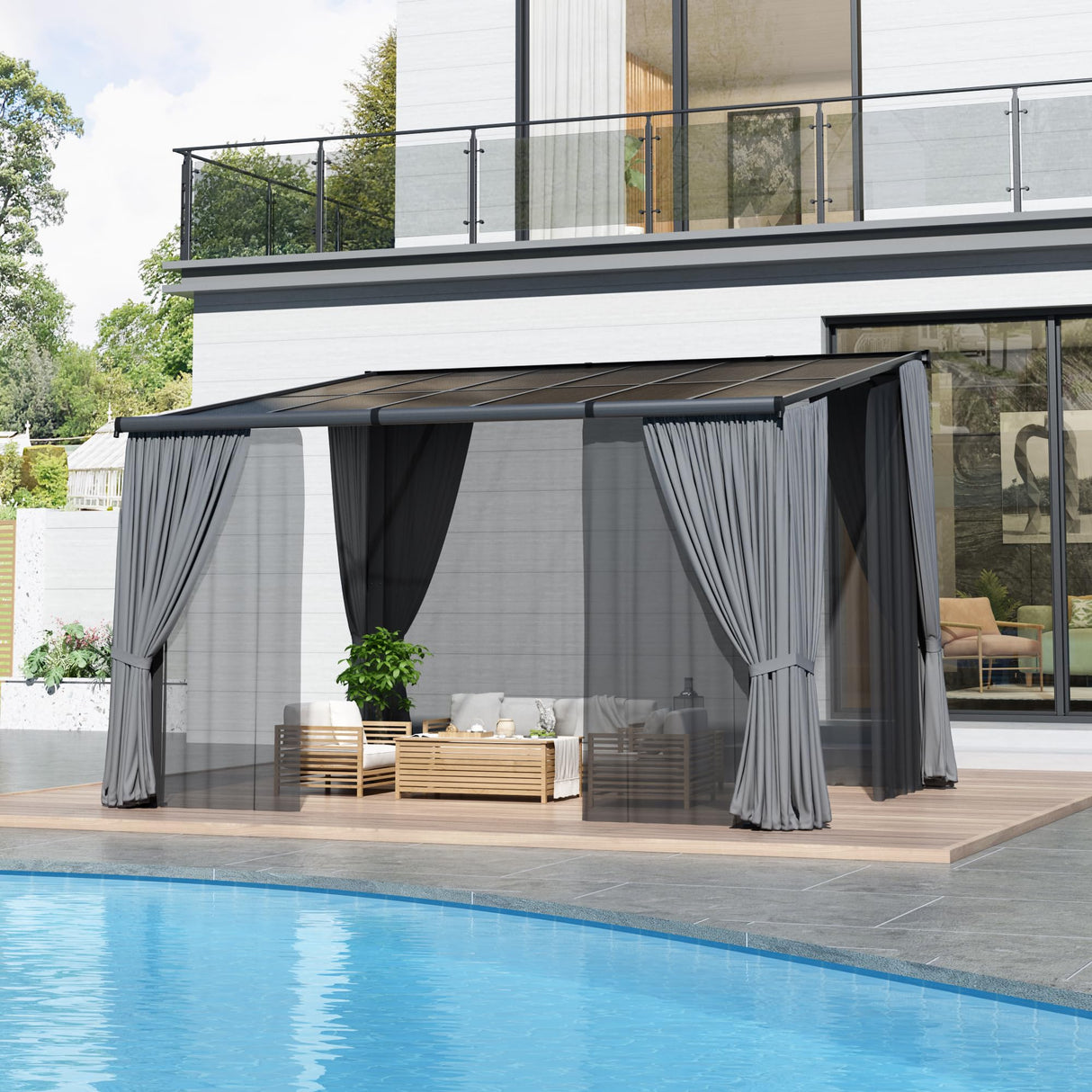 HOGYME 10x12 FT Gazebo, Outdoor Gazebos on Clearance with Updated Frame Structure and Roof, Hard Top Lean to Gazebo Pergola, Wall Mounted Awnings for Patio, Deck, Lawn and Backyard HOGYME