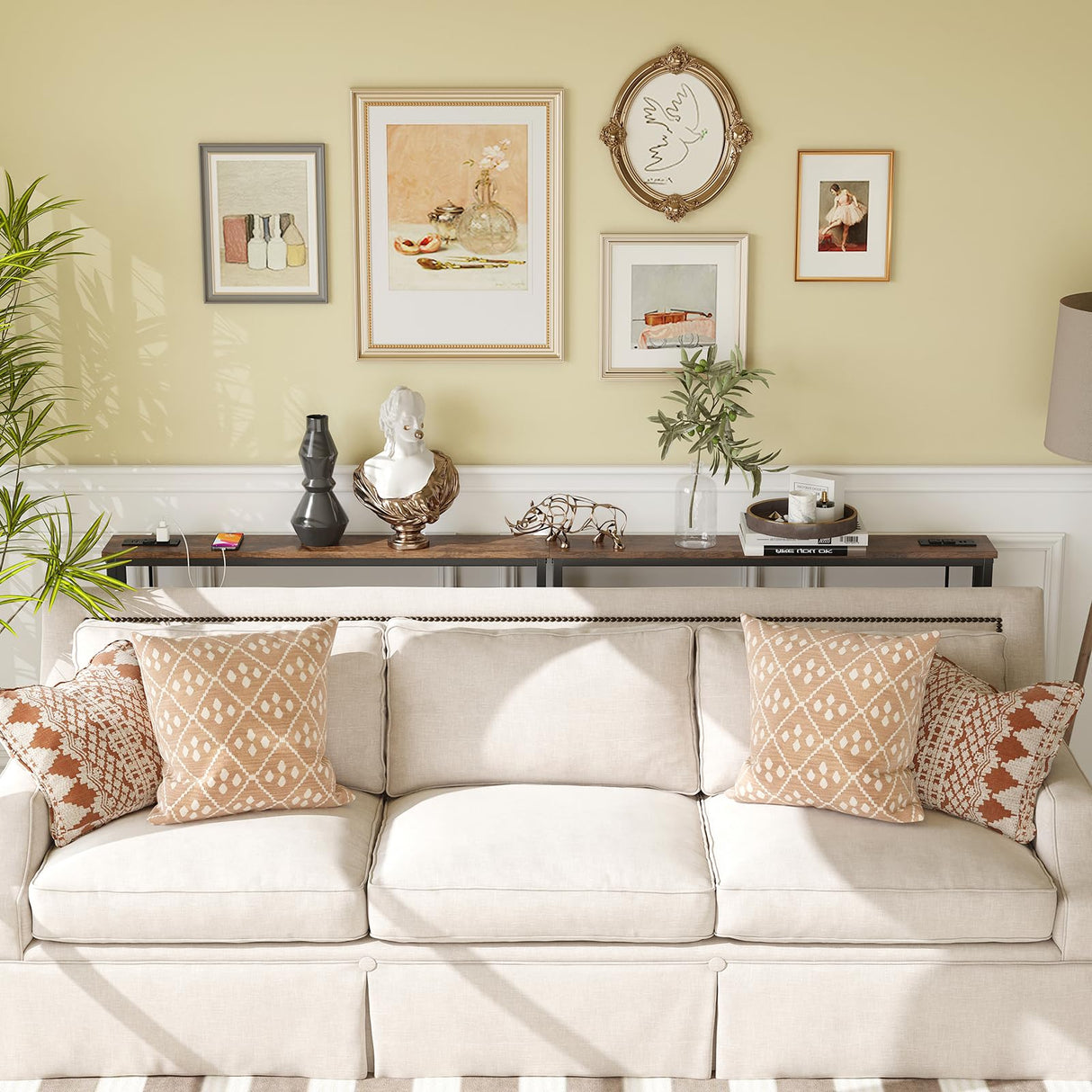 ELYKEN 2 Pack 5.9" Narrow Console Sofa Table with Power Outlets, 5.9" D x 39.4" W x 31.1" H Long Couch Table with Metal Frame and Charge Station with 6.5’ Extension Cord, Rustic Brown ELYKEN