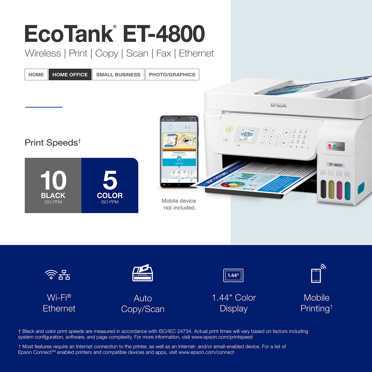 Epson EcoTank ET-4800 Wireless All-in-One Cartridge-Free Supertank Printer with Scanner, Copier, Fax, ADF and Ethernet – Ideal-for Your Home Office, White Epson