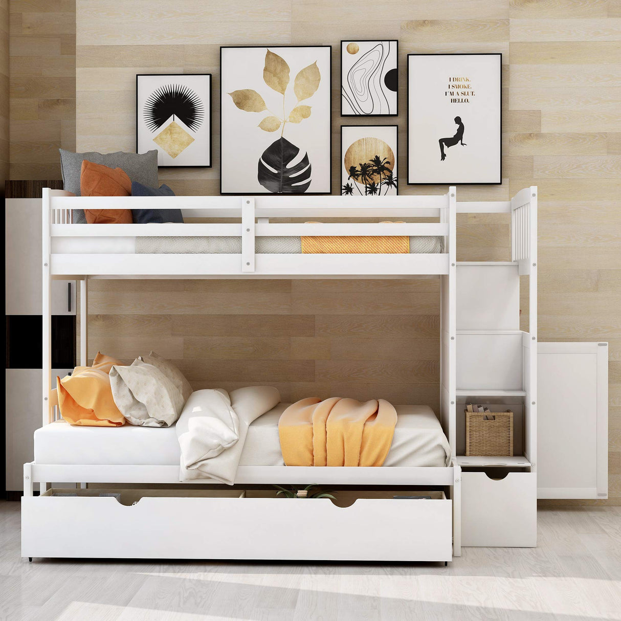 Merax Twin Over Full/Twin Wood Bunk Bed with Storage Shelves and Drawers, Wooden Convertible Bed Frame for Bedroom, No Spring Box Needed, White Merax