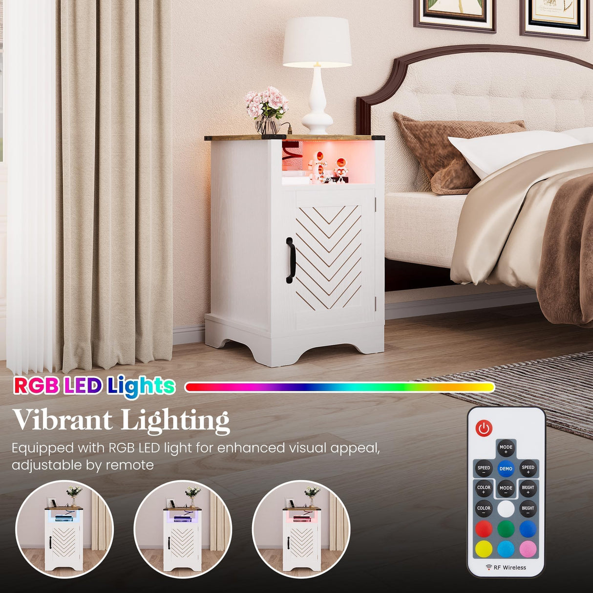 RoyalCraft Farmhouse Nightstand, White Night Stand with LED Lights and Charging Station, Bedside Table Set of 1 with Storage and Door, Wood End Table for Bedroom, Home Office, Antique White RoyalCraft