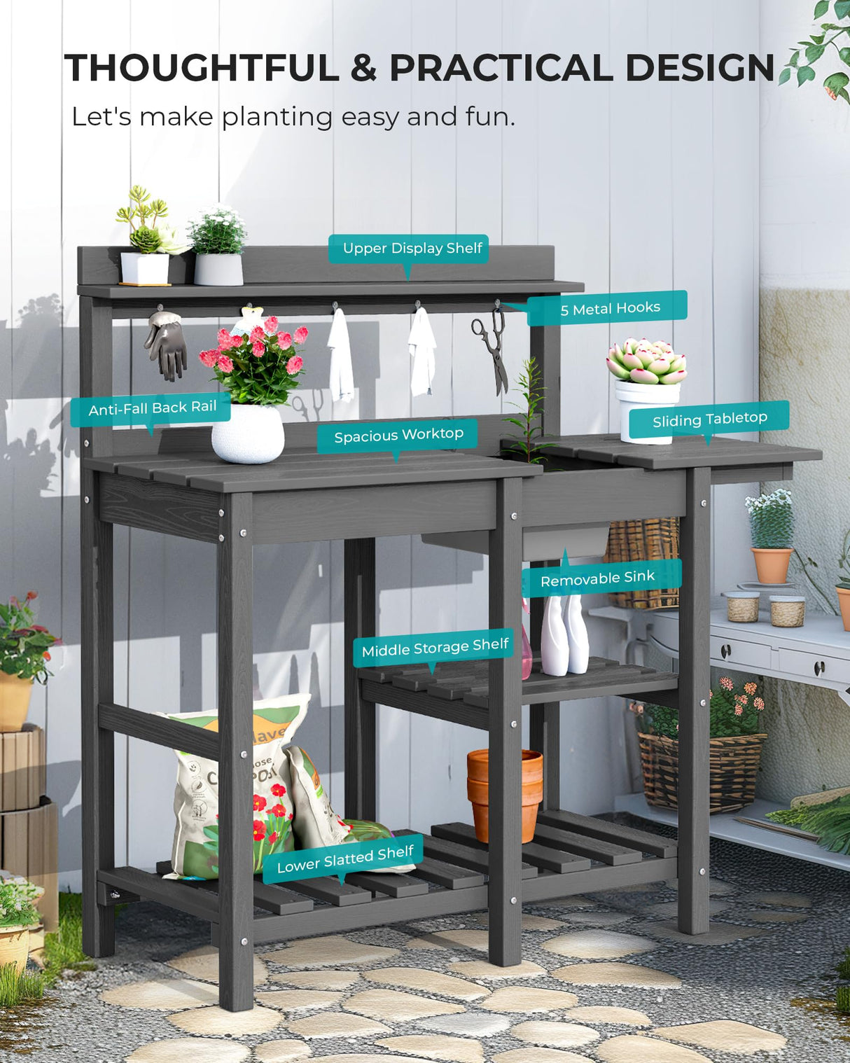 SERWALL Potting Bench Outdoor Potting Table with Sink, HDPE Potting Benches for Outside Gardening Table All Weather Use- Gray SERWALL