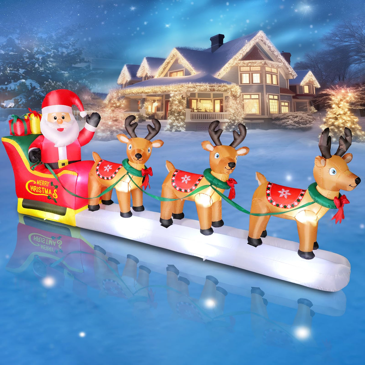 12FT Long Christmas Inflatables Santa Claus on Sleigh with 3 Reindeer Yard Decoration, Cute Blow Up Santa Xmas Decor with Bright LED Lights for Outdoor Garden Lawn Home Holiday Party Omdekor
