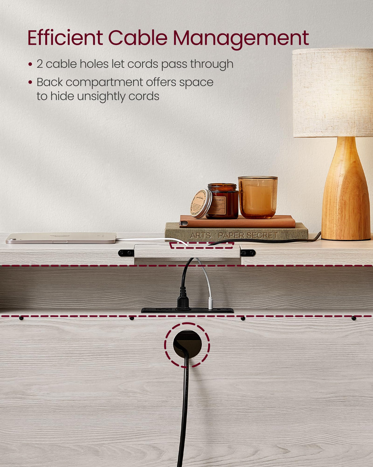 VASAGLE Console Table with Power Outlets, Entryway Table with Storage Shelf, Sofa Table with Drawer, Open Compartment, Rounded Corners, for Living Room, Boho Style, Oatmeal Beige ULNT140K66 VASAGLE