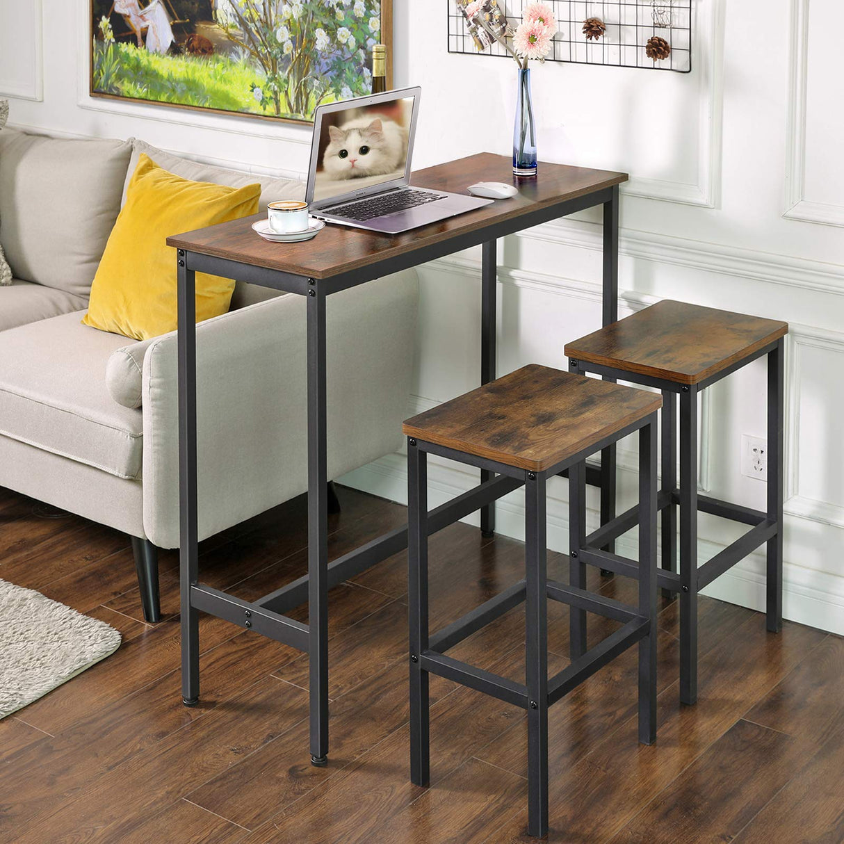 VASAGLE Narrow Industrial Bar Table in Rustic Brown and Ink Black - Perfect for Small Spaces VASAGLE
