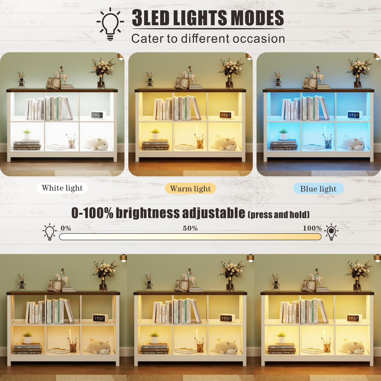 HWB Farmhouse 6 Cube White Bookcase with LED Lighting and Charging Station HWB