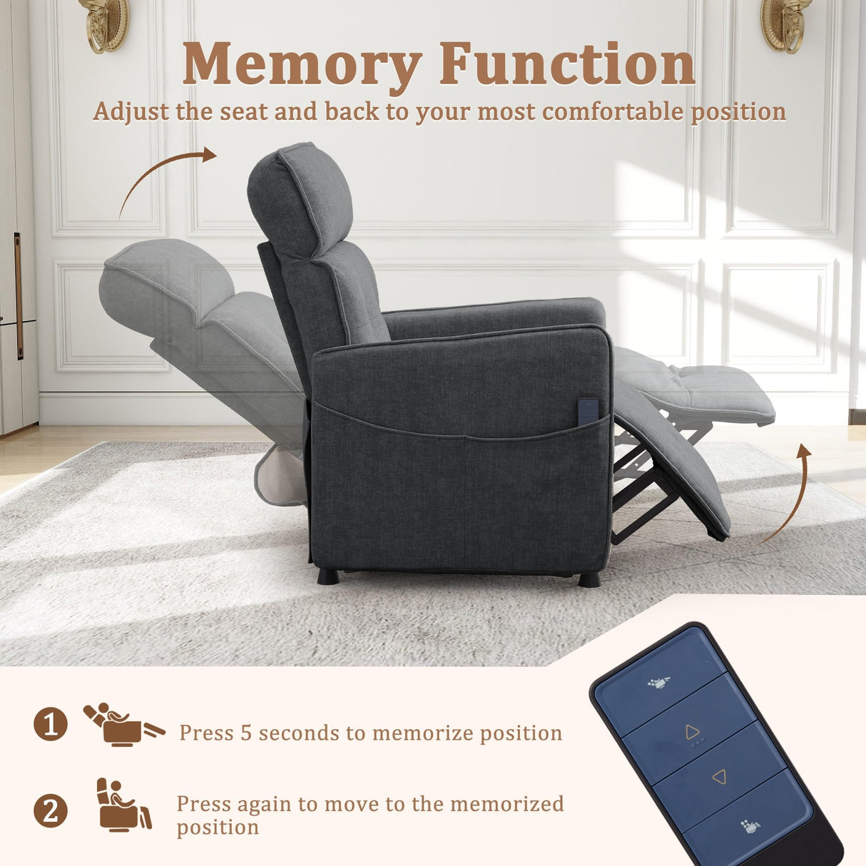 Korser Power Recliner Chair, Electric Recliner Chairs for Adults, Comfy Recliners for Living Room, Cashmere Reclining Chair with One-Touch Adjustment & Side Pockets for Reading, Bedroom, Lounge, Grey Korser