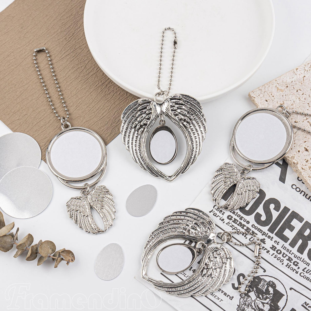 Framendino, 6 Pack Silver Angel Wing Pendant Personalized Car Hanging Ornament with Sublimation Blank Heat Transfer Photo for Home Window Framendino