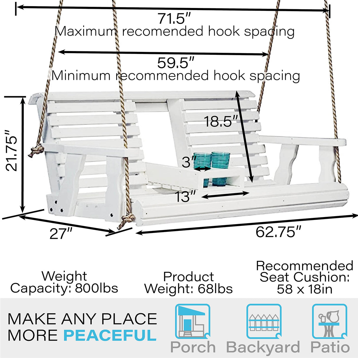 Porchgate Amish Heavy Duty 800 Lb Rollback Console Treated Porch Swing with Hanging Ropes (Semi-Solid White Stain) Porchgate