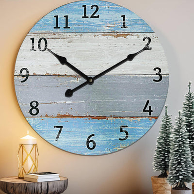 Eruner Large Wall Clock for Living Room Decor,24 Inch Blue Round Wood Clock for Bedroom,Coastal Vintage Rustic Clock for Farmhouse Kitchen