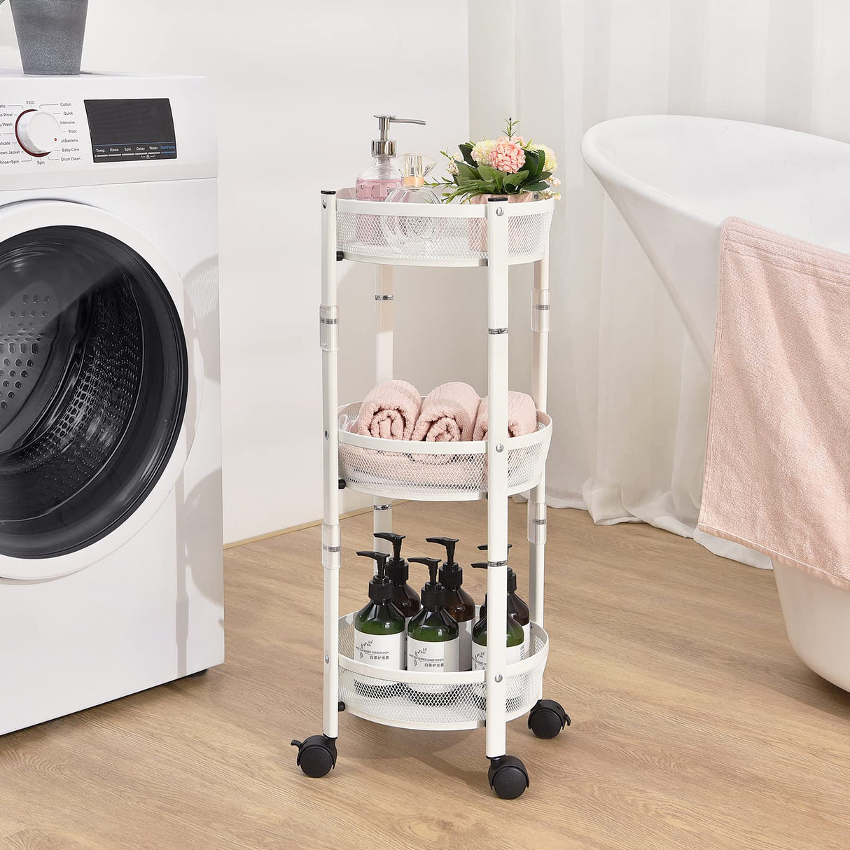 TOOLF 3-Tier Metal Storage Rolling Cart, Collapsible Utility Cart, No Assemble, Multifunction Serving Organizer Trolley with Lockable Wheels for Kitchen, Living Room, Bathroom,White TOOLF