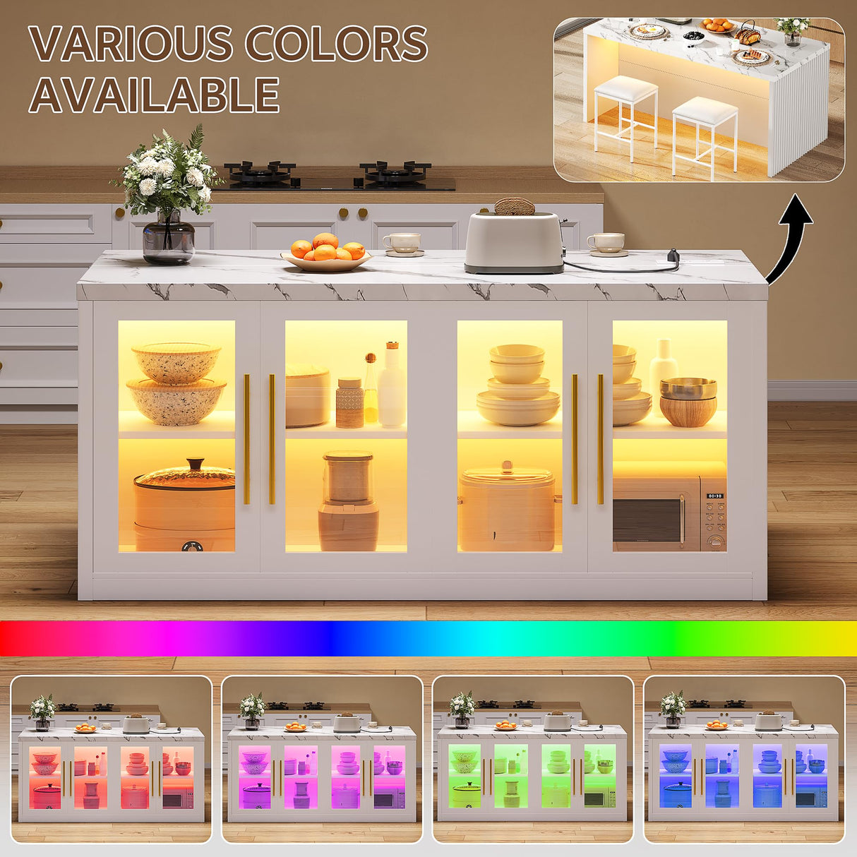 Homiflex Kitchen Island with Storage, 57" W Large Island Table with Seating/LED Light for Dining Room, Kitchen Carts on Wheels Breakfast Bar Table w/Power Outlet, White Homiflex