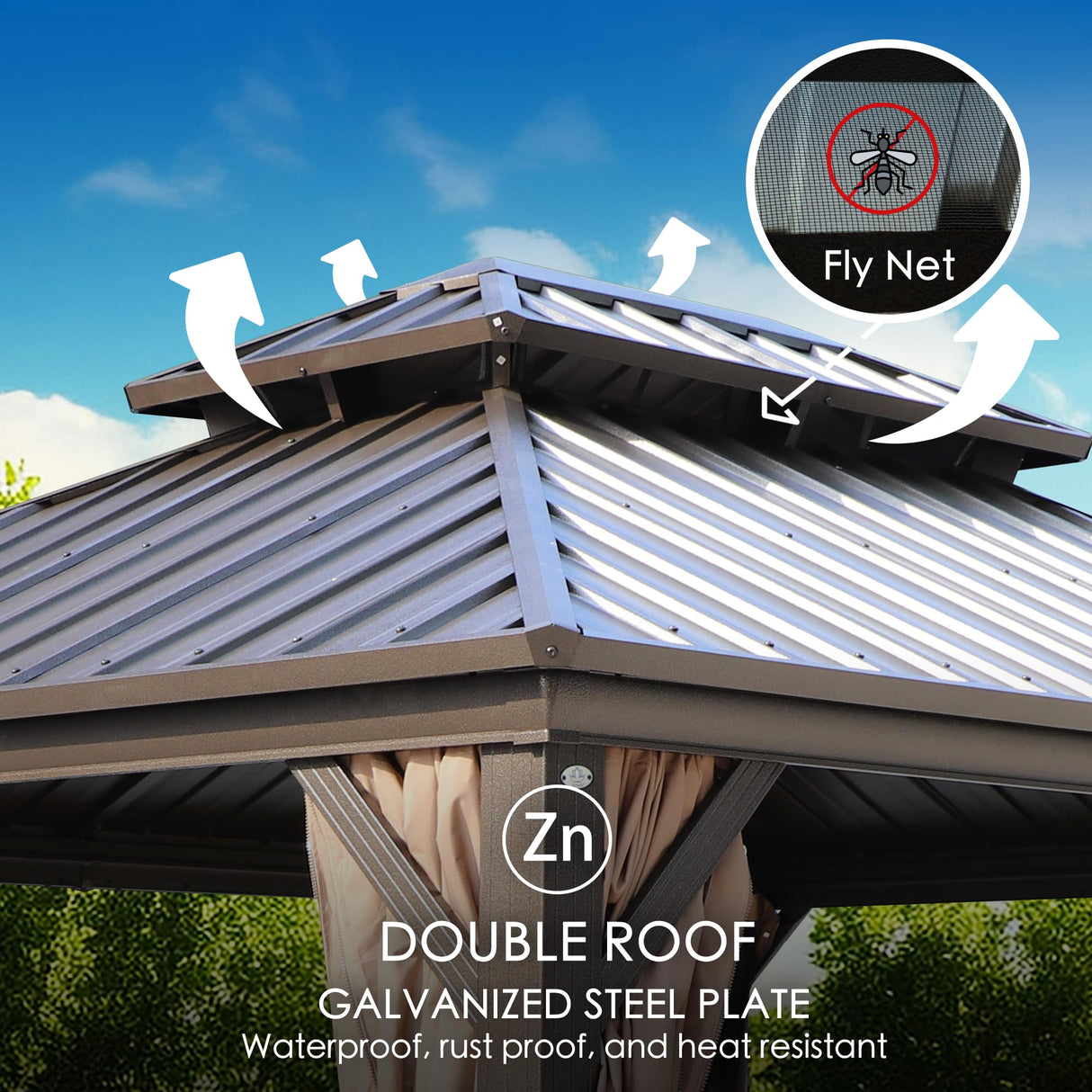 Kozyard 10'x12' Hardtop Gazebo - Permanent Metal Pavilion with Netting Shaded Curtains for Patio, Backyard, and Deck - Galvanized Steel Outdoor Aluminum Canopy, Double Roof Gazebo (Dark Brown) Kozyard