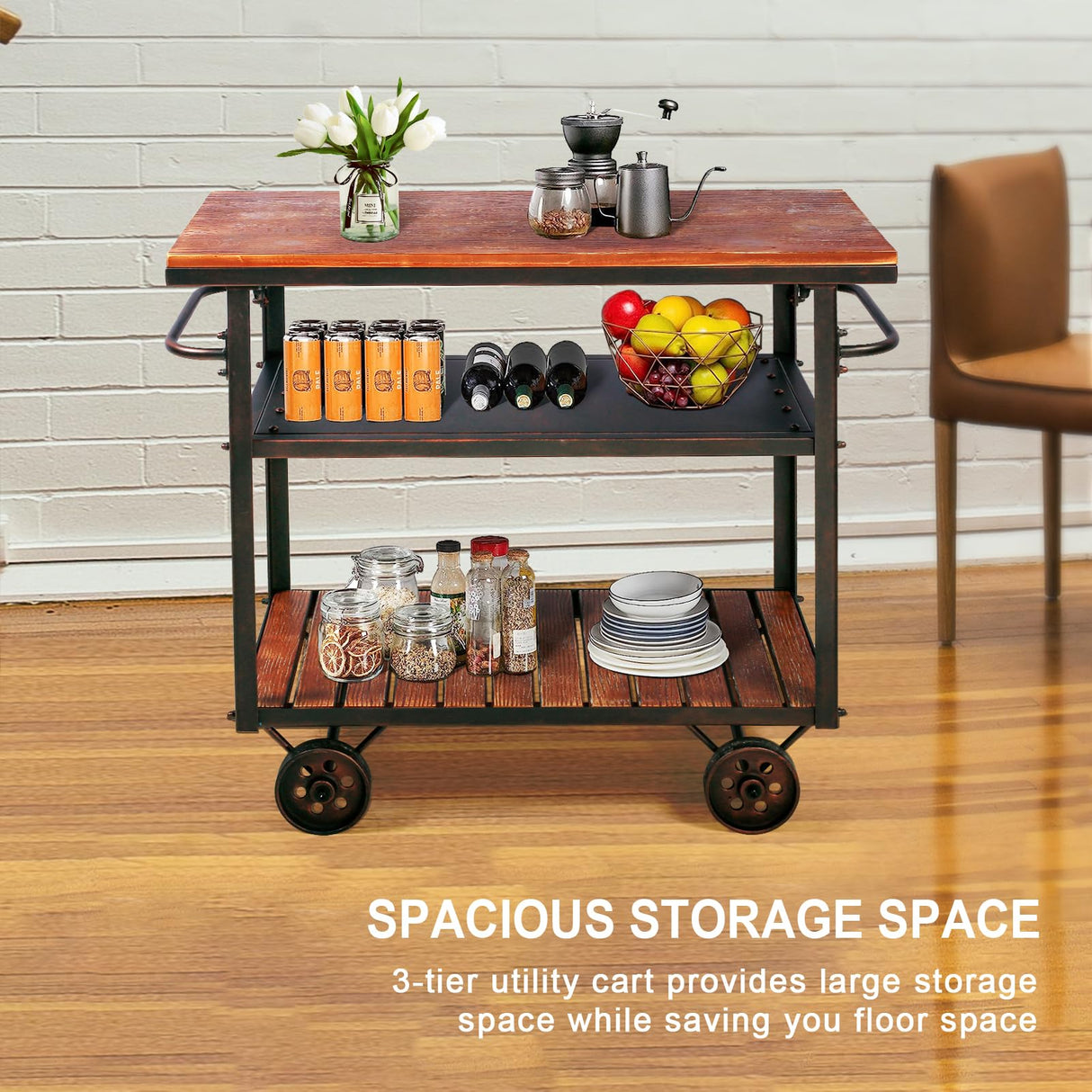 Industrial Bar Cart, Serving Cart with Wheels and Handle, 3-Tier Beverage Metal Cart with Removable Tray and Storage Shelves for Living Room Kitchen, Rustic Copper Topower