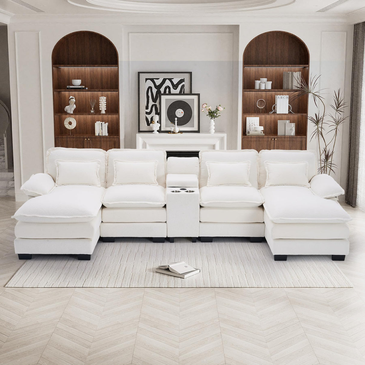 ONEMMLION U Shaped Cloud Couch Sectional Sofa, 124" Comfy Fluffy Chenille White Sectional Couches for Living Room with Double Chaise Lounge, Modern Modular Sectional Sofa with Central Console USB Port ONEMMLION