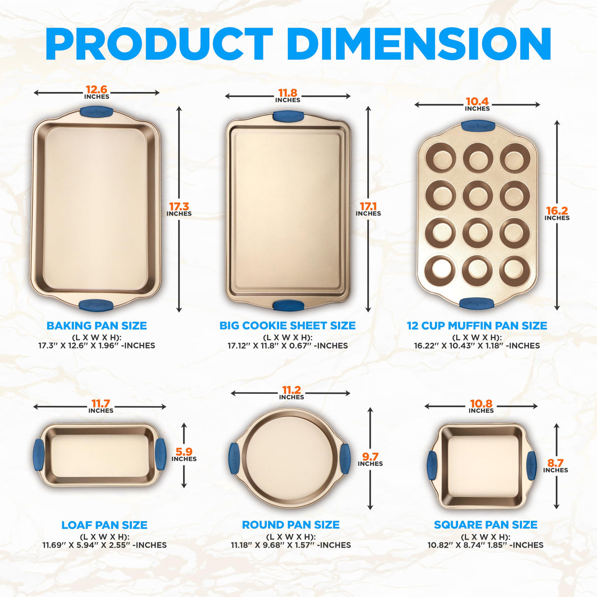 NutriChef 6-Piece Nonstick Bakeware Set - Premium Carbon Steel Baking Trays w/Heat-Safe Silicone Handles - Includes Loaf Pan, Muffin/Cupcake Pan, Round & Square Roaster Pans, Cookie Sheet - NCSBSG36 NutriChef
