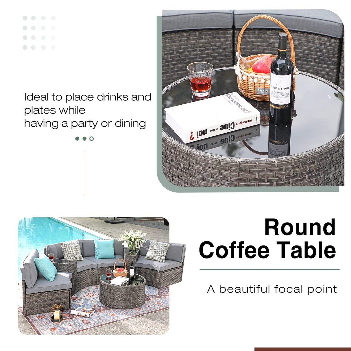 SUNSITT Outdoor Patio Furniture Sectional 7-Piece Half-Moon Curved Outdoor Sofa Set with Round Coffee Table, 4 Pillows & Waterproof Cover, Grey Rattan SUNSITT