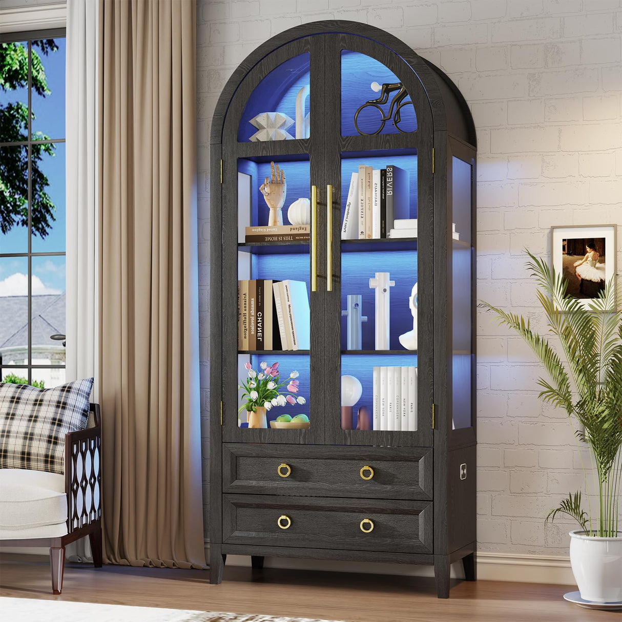 EOAWE Arched Curio Cabinet with Glass Doors, 4-Tier Display Cabinet with 2 Drawers, Tall Bookcase with 3 Color Lights, Display Case, Kitchen Pantry (Black) EOAWE