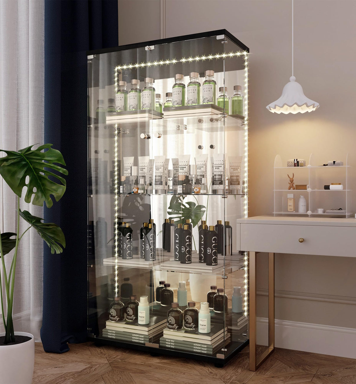 Maotifeys Modern Glass Display Cabinet 4-Shelf with LED Light,Mirror and Lock, 2 Door Curio Cabinets,Tempered Glass Collection Display Showcase for Living Room Home Office,30.9x13.5x64.6 H,Black Maotifeys