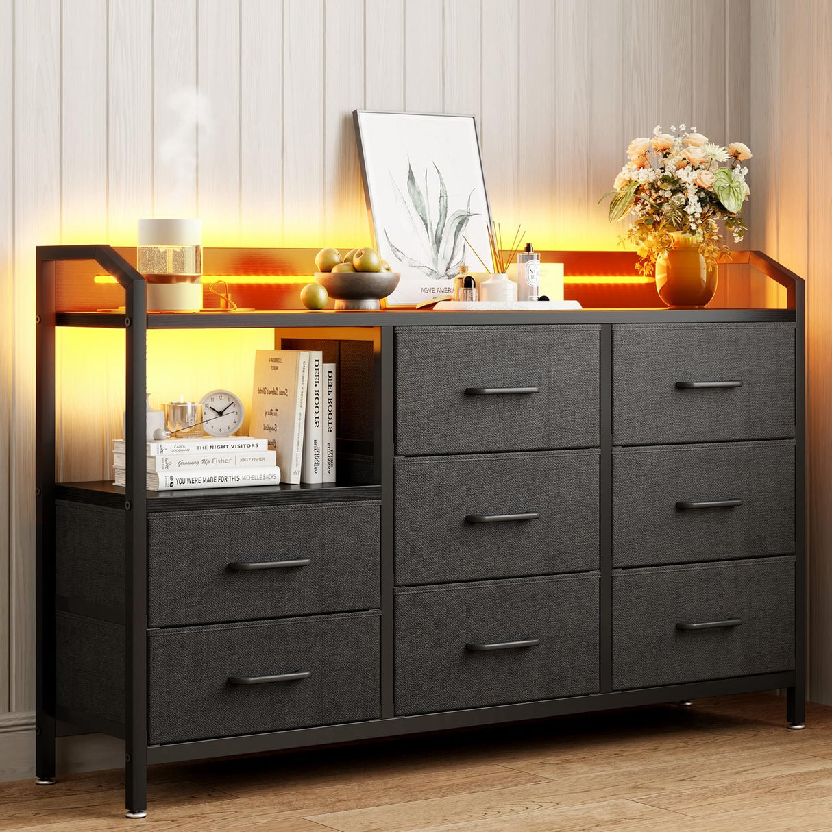 KKL Black Dresser for Bedroom with Light Strip & Power Outlet — 8 Drawers Dressers & Chest of Drawers with Shelf, Wood Top, Metal Frame, Wide Dressers for Girls Bedroom, Living Room, Hallway, Closet KKL