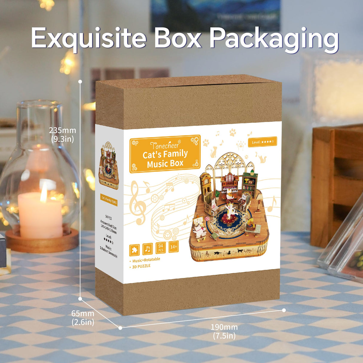 Tonecheer Wooden Music Box Puzzle for Adults,DIY Rotating Music Box Kit 3D Creative Musical Puzzle Crafts Model Building Kits Desk Decor for Teens Kids Birthday Gift (Cats Family) Tonecheer